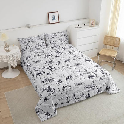 Feelyou Western Comforter Set Twin Size, White and Black Cowboy Cow Bedding Set Cowboy Comforter Desert Cactus Duvet Set Soft Bed Set 2Pcs