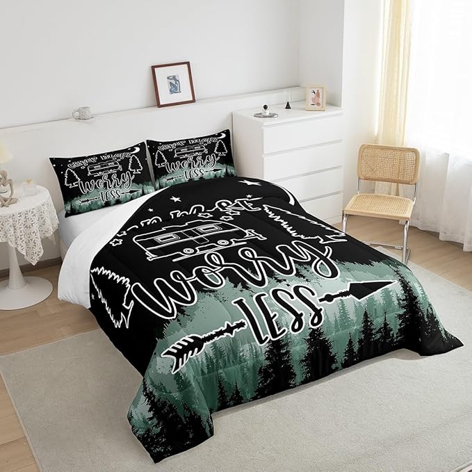 Feelyou Happy Camping Comforter Set Kids Galaxy Night Camper Bedding Set Queen Women Men Caper Van Decor Comforter Ultra Soft Microfiber Quilted Set Bedroom Comforter Inner Fill Queen Size
