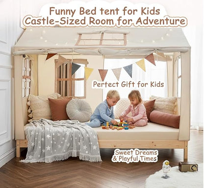 Twin Bed Tent Indoor Bed Canopy Kids Tents for Girls Boys with 2 Doors, Breathable Private Space Floor Fort Bed Tents for Kids Sleeping Tent (Twin, Khaki)