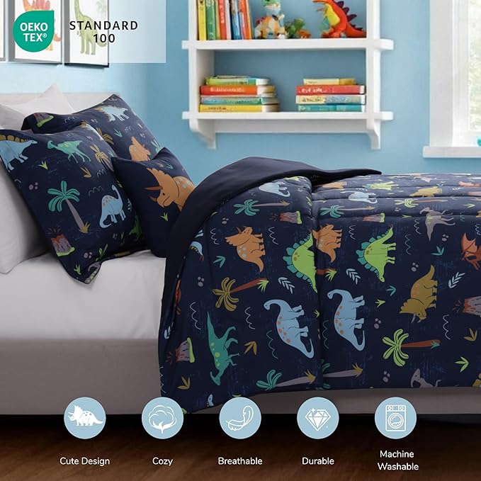 Kids Comforter Set Full Size for Boys, Navy Dinosaur Bedding Set 1 Comforter, 1 Decor Pillow, 2 Pillow Shams