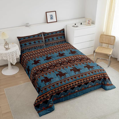 Feelyou Western Decor Comforter Set Toddler Size Southwestern Native Aztec Comforter Horse Bedding Set Retro Exotic Boho Duvet Set Room Decor Dark Blue Quilt Set