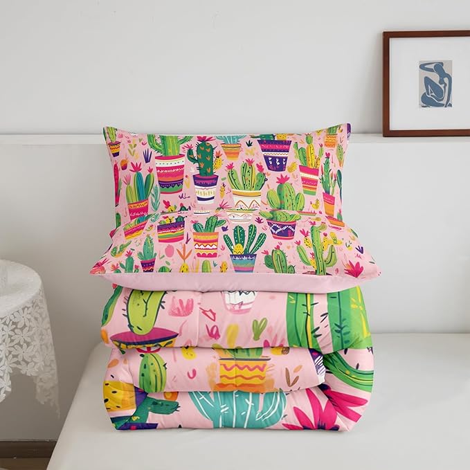 Cartoon Cactus Bedding Set King Size Colorful Bohemia Exotic Comforter Set for Girls Boys Room Decor Cute Hand Drawn Down Comforter Tropical Flowers Quilt Set with 2 Pillowcases