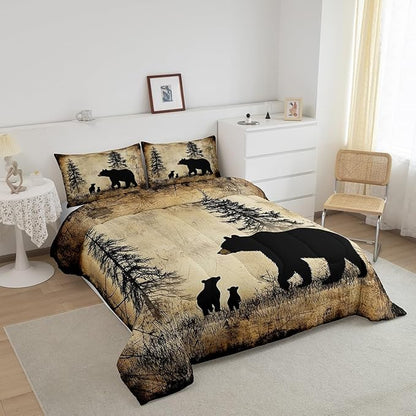 Feelyou Bear Bedding Set Twin Size Kids Rustic Cabin Country Comforter Cover for Boys Girls Teens Wild Animal Brown Beige Duvet Cover Breathable Soft Lightweight Microfiber Quilt Set