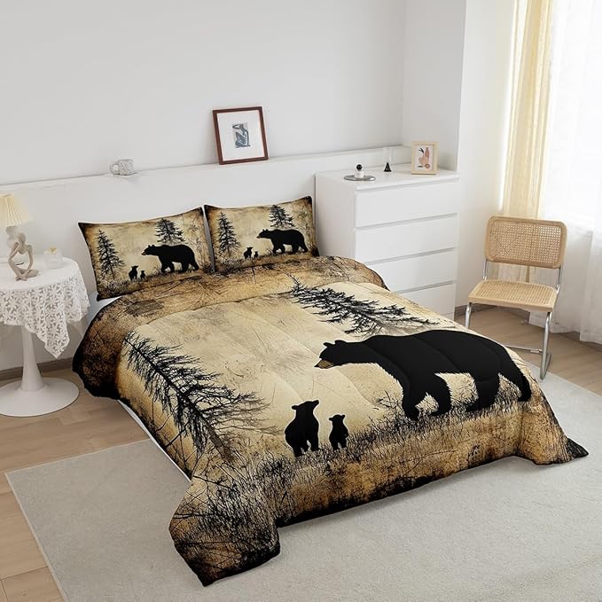 Feelyou Bear Bedding Set King Size Kids Rustic Cabin Country Comforter Cover for Boys Girls Teens Wild Animal Brown Beige Duvet Cover Breathable Soft Lightweight Microfiber Quilt Set