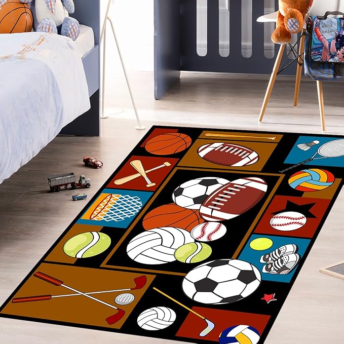 Sports Rugs for Boys Bedroom - Basketball Rug for Boys Bedroom Kids Carpet Sports Theme Basketball, Soccer, Baseball Carpet for Living Room Floor Mat Welcome Mat, 4x5 Feet