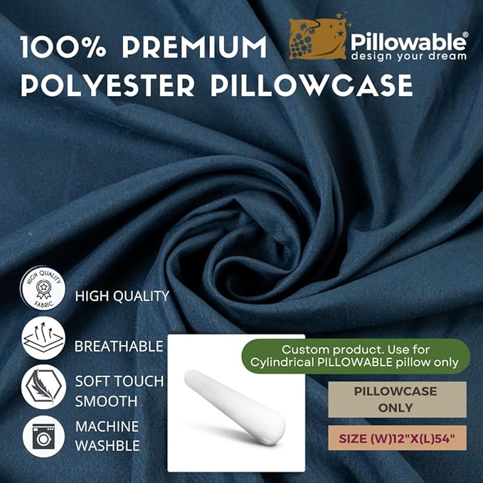 Case ONLY - Blue 54x12 inches Round Body Pillowcase - Cover Only - Zipper Pillowcase - 100% Brushed Microfiber - Bolster Pillow Cover - Fits Only Pillowable Round Body Pillow