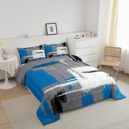 Feelyou Abstract Bedding Set Comforter Set for Kids Boys Children Modern Abstract Art Comforter Ultra Soft Decor Blue Grey White Duvet Set Full Size