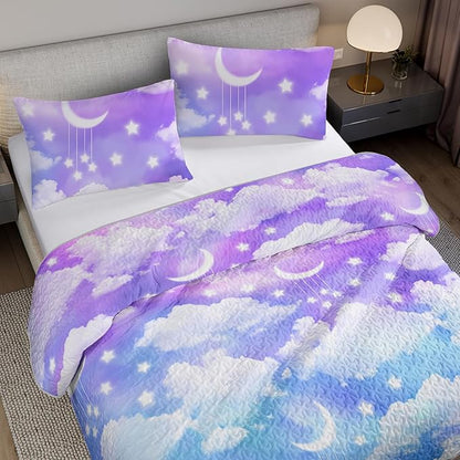 QOOMO Clouds Quilt Set Twin Size,Galaxy Bedspread Coverlet Set,Moon and Star 3Pcs Bedding Set Printed Quilt with 2 Pillowcases,Soft and Lightweight,for All Seasons