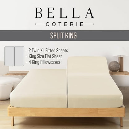 Bella Coterie 7 Piece Luxury Bamboo Viscose Split King Size Sheet Set | 2 Fitted Sheets for Adjustable Beds | 100% Organically Grown | Cooling for Hot Sleepers | 4 Pillowcases [Ivory]