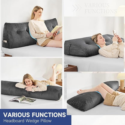 Z-hom Twin Headboard Pillow, Triangular Wedge Reading Pillow for Bed or Sofa, Ergonomic Backrest Cushion for Sitting Up, Reading or Relaxing, with Side Pocket，Removable Washable Cover,Grey