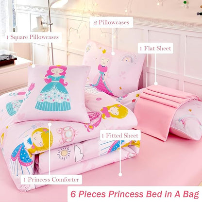 ANGIYUIN 6Pcs Pink Princess Kids Comforter Set Full Cute Rainbow Girl Bed in A Bag Fairy Tales Castle Bedding Set(1 Comforter, 1 Flat Sheet, 1 Fitted Sheet, 2 Pillowcases,1 Square Pillowcases)