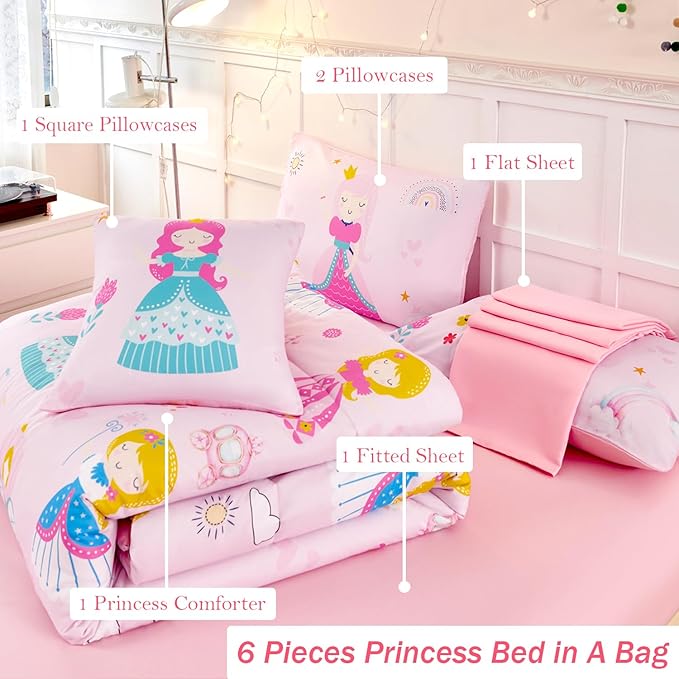 ANGIYUIN 6Pcs Pink Twin Size Comforter Set for Girls Princess Bedding Fairy Tales Castle Kids Bed in A Bag with Sheets Cute Soft Printed Girl Bedding Set for All Season
