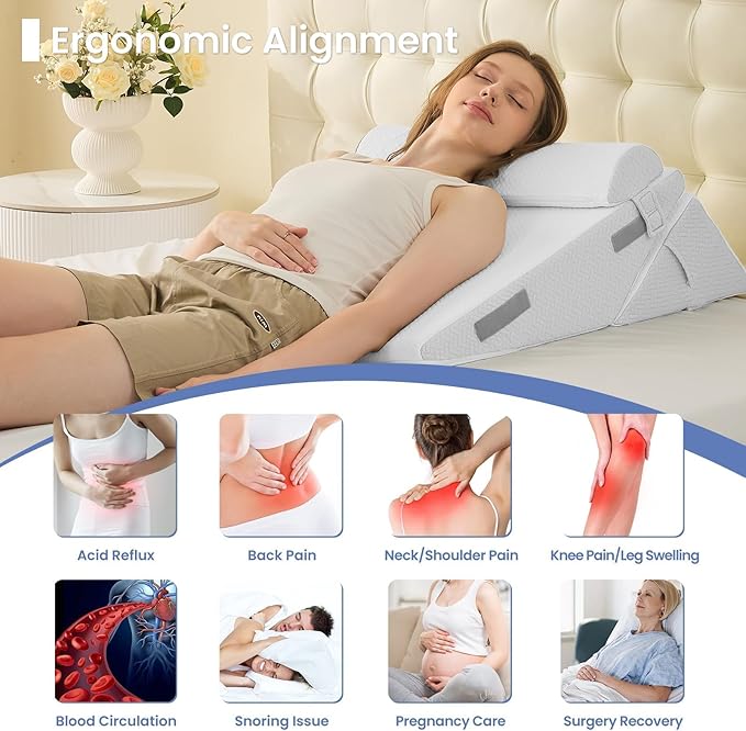 Sasttie Wedge Pillow Set for After Surgery, 2PCS Adjustable Bed Wedge Pillow Headboard with Memory Foam Neck Cushion – for Acid Reflux, Sleeping, Neck & Back Support, White