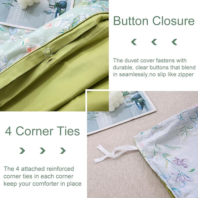 URBONUR Green Floral Duvet Cover Set King Size 100% Egyptian Cotton Bedding Set Farmhouse Butterfly Print Comforter Cover with Button Closure (3Pcs, King)