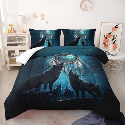 Dreamcatcher Wolf Comforter Set King Size for Kids Teens and Adults Moonlight Forest Wolf Printed Quilt Set for Bedroom Soft Microfiber Print Quilt Set with 1 Comforter and 2 Pillowcases