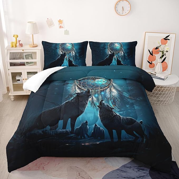 Dreamcatcher Wolf Comforter Set King Size for Kids Teens and Adults Moonlight Forest Wolf Printed Quilt Set for Bedroom Soft Microfiber Print Quilt Set with 1 Comforter and 2 Pillowcases