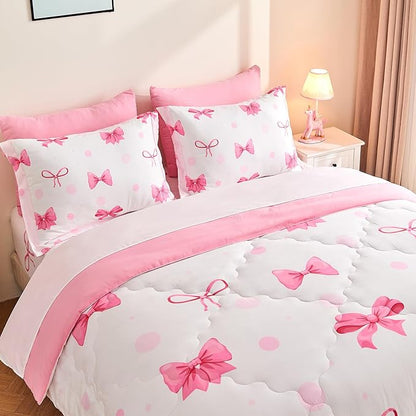 Wajade 7 Piece Pink Bow Bedding Set for Girls Kids Queen Size Comforter Set with Sheet and 2 Pillowcases 2 Pillow Shams Cute Girls Bed in a Bag as Birthday Choice