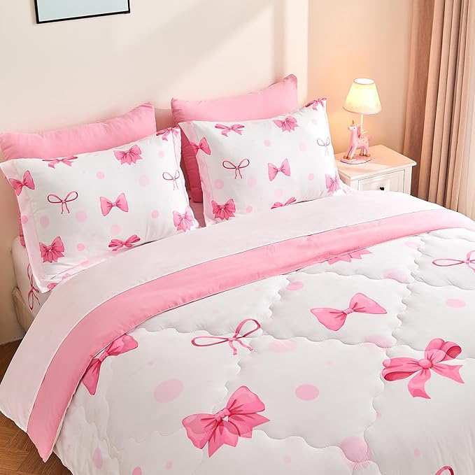 Wajade 7 Piece Pink Bow Bedding Set for Girls Kids Full Size Comforter Set with Sheet and 2 Pillowcases 2 Pillow Shams Cute Girls Bed in a Bag as Birthday Choice
