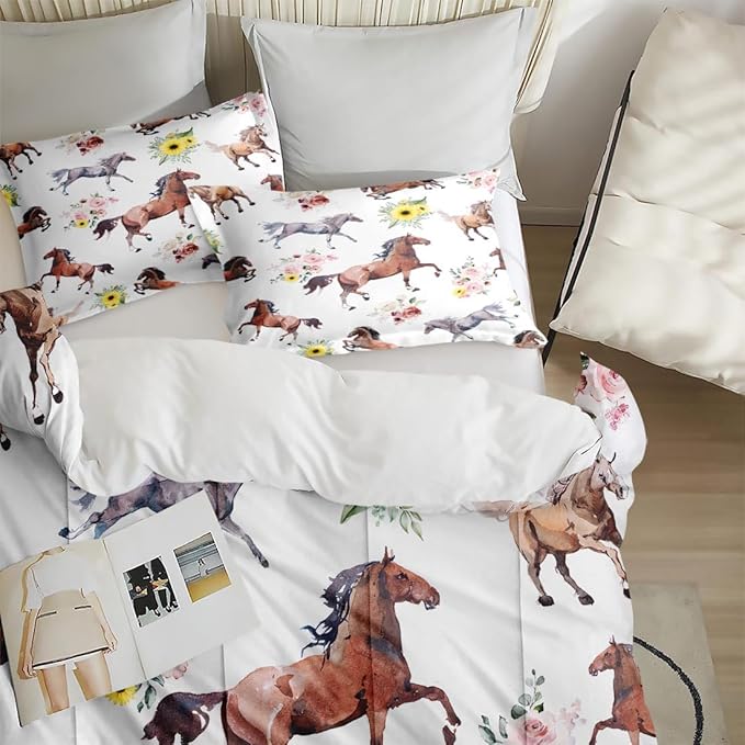 Twin Size Comforter Set with Pillowcase, Vintage Horse Brown Soft 2 Pcs Bedding for Kids and Adults, Get Watercolor Run Comforter Set for Room Bedroom Bed Decor