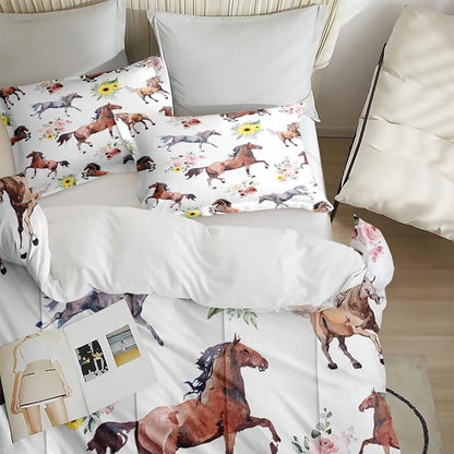 Twin Size Comforter Set with Pillowcase, Vintage Horse Brown Soft 2 Pcs Bedding for Kids and Adults, Get Watercolor Run Comforter Set for Room Bedroom Bed Decor