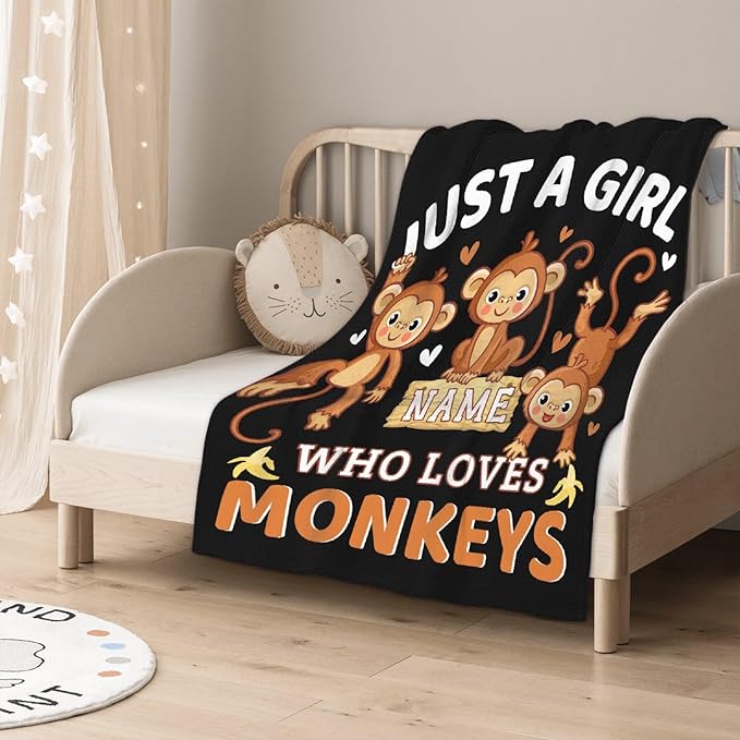 Personalized Throw Blanket for Girls Just A Girl Who Loves Monkeys Custom Blanket Monkeys Gifts for Women Soft Comfortable for Bedding Sofa Camping Chairs 30x40inches
