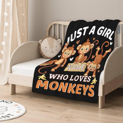 Personalized Throw Blanket for Girls Just A Girl Who Loves Monkeys Custom Blanket Monkeys Gifts for Women Soft Comfortable for Bedding Sofa Camping Chairs 40x50inches