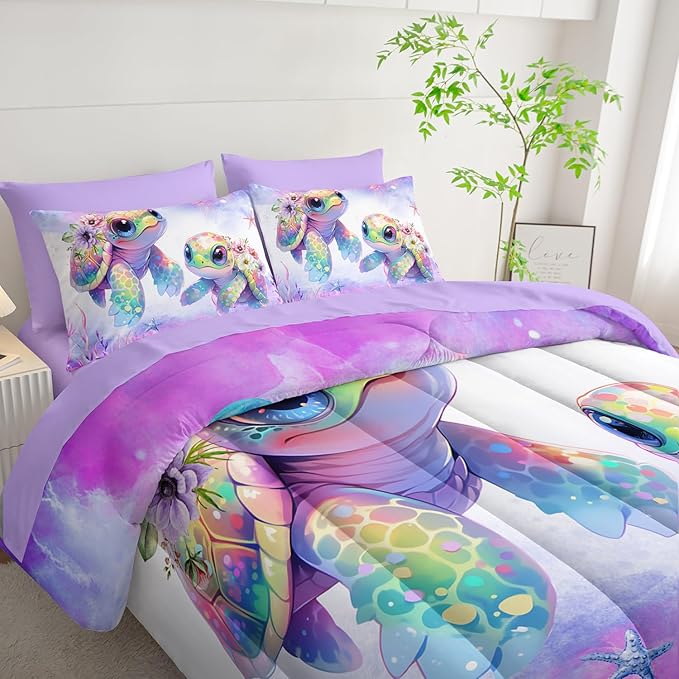 Sea Turtle Bedding Queen Comforter Set 7 Piece,Coastal Beach Themed Bed Set for Kids Girls Room Decor,Cute Bedding with 1 Comforter,1 Flat Sheet,1 Fitted Sheet,4 Pillowcases.