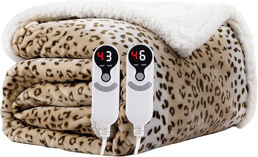 Electric Heated Blanket Queen Size 84"x90" - Microplush & Sherpa Fabric Dual-Sided, 6 Heat Settings & 10 Hours Auto Off, Cozy Warming Throw for Office or Bed, Machine Washable, Beige Leopard Print