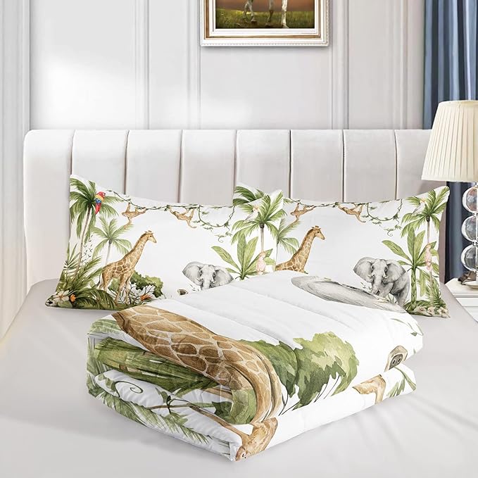 QOOMO Elephant Giraffe Monkeys Comforter Queen Size,Wild Animals Kids Bedding Set,3Pcs Bedding Set Printed Comforter with 2 Pillowcases,Down Alternative,Soft and Lightweight,for All Seasons