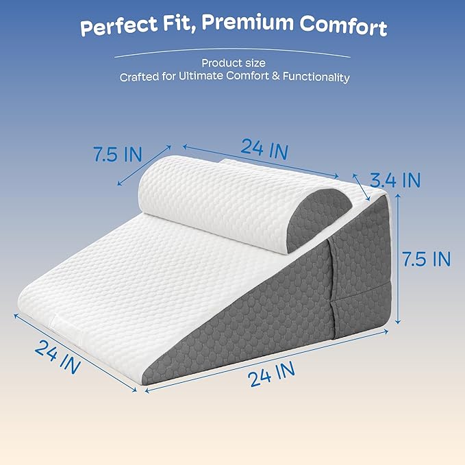 2PCS 12" Wedge Pillow with Adjustable Pillow, Wedge Pillow for Acid Reflux and Back Pain Relief, Snoring, Bed Wedge Pillow for Sleeping After Surgery. Triangle Pillow Wedge, Cooling Memory Foam Top