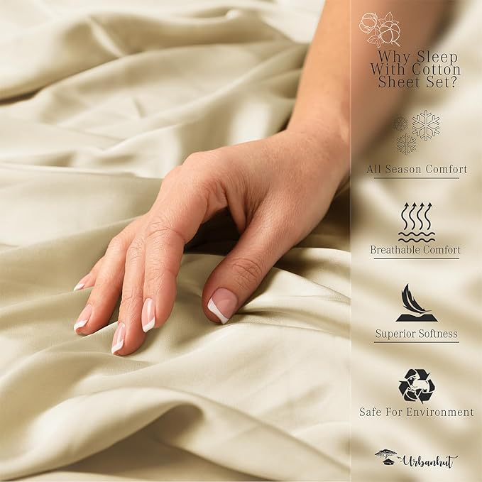 URBANHUT 1000 Thread Count King Size Egyptian Cotton Sheets, Long Staple Soft & Breathable for King Size Bedding, 4 Pc Bed Sheet Sets, Luxury Hotel Sateen Sheets Fits 16" Deep Pocket - Sand