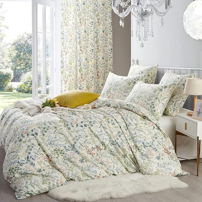 Floral Duvet Cover Full Size Boho Aesthetic Green Botanical Bedding Set with Colorful Flower Print Pattern 3 Pcs Soft Microfiber Comforter Cover with Zipper Ties Garden Style