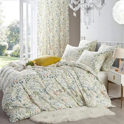Floral Duvet Cover King Size Boho Aesthetic Green Botanical Bedding Set with Colorful Flower Print Pattern 3 Pcs Soft Microfiber Comforter Cover with Zipper Ties Garden Style