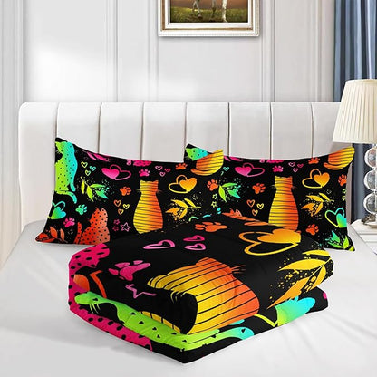 Kawaii Cat Animal Comforter 3Pcs Queen Lovely Pet Cat Bedding Set for Kid Teen Girl Boy Adult Room Decor Cartoon Kitten Paw Heart Bamboo Leaf Pattern Quilt with 1 Comforter and 2 Pillowcases
