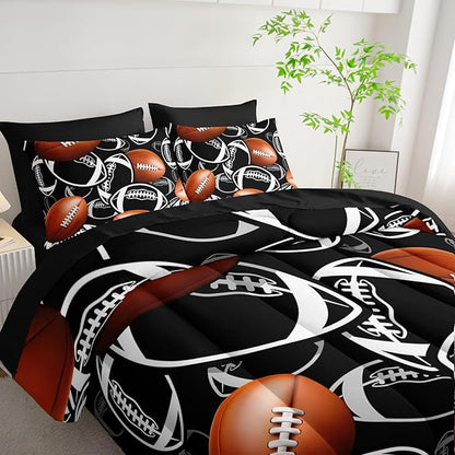 Cartoon Rugby Comforter Set 7Pcs Sports Brown Rugby American Football Bedding Set for Kid Teen Girl Boy Black White Rugby Quilt Bed Decor Queen with 2 Sheets,2 Pillowcases,2 Throw Pillow Covers