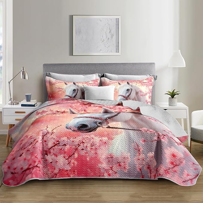 White Horse Quilts Bedding Queen 3Pcs Pink Chic Cherry Blossoms Bed Set Wild Animal Rustic Farmhouse Horse Pattern Bedspread Coverlet with 2 Pillowcases for Kid Boy Girl Teen Adult Room Decor