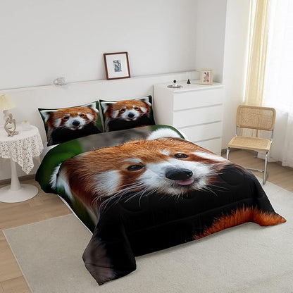Feelyou Red Panda Comforter Bed Set Cute Panda Bedding Set for Kids Boys Girls Wild Animal Decor Comforter Set Jungle Wildlife Style Quilt Set Bedroom Collection 3Pcs Queen Size