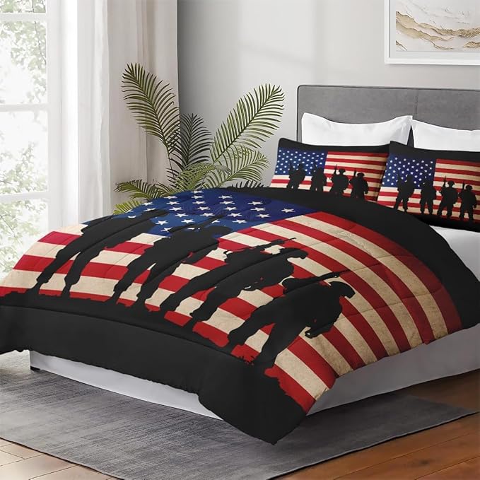 Queen Size Comforter Set with 2 Pillowcase, Vintage Military Retro Soft 3 Pcs Bedding for Kids and Adults, Patriotic Army Memorial Comforter Set for Room Bedroom Bed Decor
