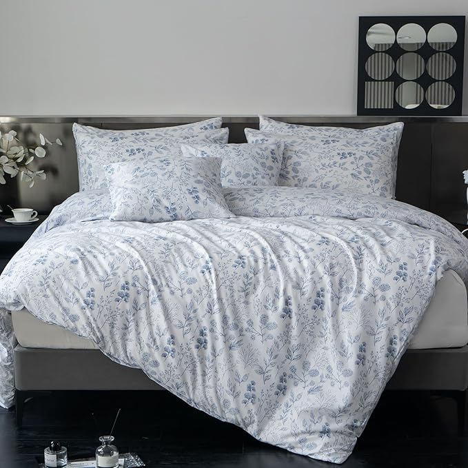 Jane yre Floral King Duvet Cover Brushed Microfiber 3 Pieces Floral Bedding Set King Garden Style Blue Floral Pattern Flower Duvet Cover King with Zipper Closure Luxury Soft Breathable Comfy