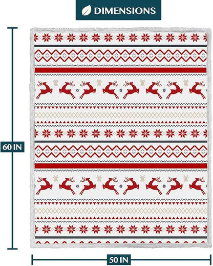 PAVILIA Red White Snowflake Reindeer Christmas Sherpa Throw Blanket, Soft Reversible Fleece Sherpa 50x60 Winter Blanket for Couch & Bed, Christmas Decor