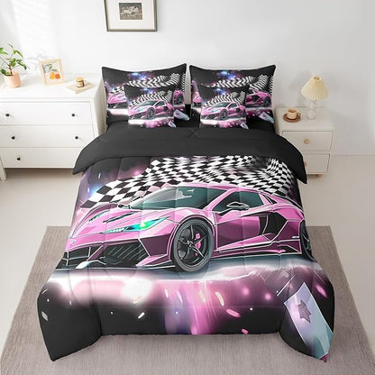 Feelyou Pink Racing Car 7 Piece Bedding Set Queen Size Extreme Sport Comforter Set with Sheets for Kids Boys Girls Teens Toddler Fast and Furious Bed in a Bag Black White Flag Bed Set