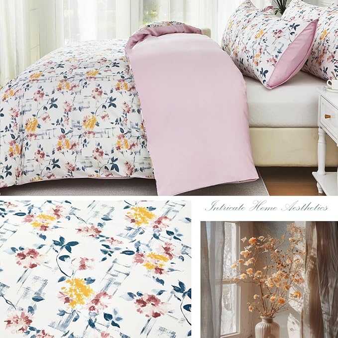 URBONUR Garden Floral Duvet Cover Set 100% Egyptian Cotton Silky Sateen Smooth Breathable Durable Soft Bedding Sets Purple Yellow Flowers Printed on White (3Pcs Queen, 90''x90'')