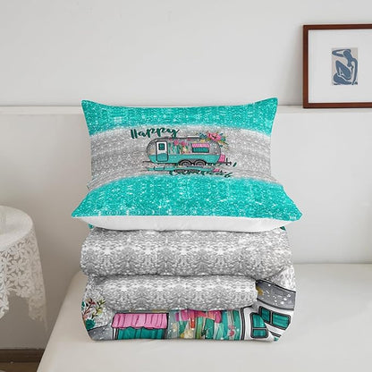 Feelyou Kids Camper Bedding Set Full Farmhouse Rustic Happy Camping Comforter for Girls Luxury Teal Glitter Floral Decor Comforter Set Camper Lover Quilt with 2 Pillow Case Boys