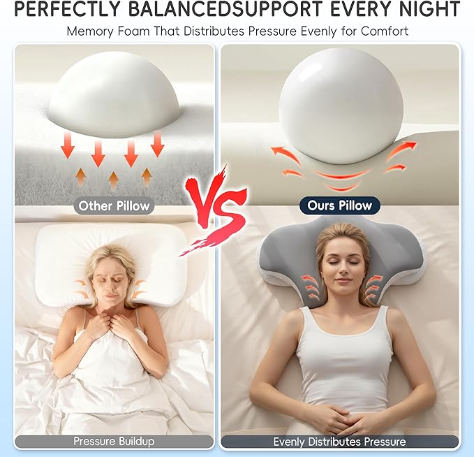 Cervical Neck Pillow for Pain Relief, Ergonomic Contour Pillow for Sleeping, 2 Heights Cooling Pillow for Neck and Shoulder Support, Memory Foam Orthopedic Pillow for Side Back Stomach Sleepers