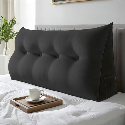 WOWMAX 100% Cotton Velvet Headboard Pillow – Full Size Wedge Back Support Reading Bolster for Bed & Daybed, Handmade Firm Support Cushion with Removable Cover, Soft Luxury Bed Rest Pillow, Black