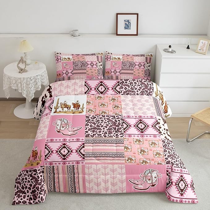 Feelyou Pink Aztec Bedding Set King Size, Kids Western Decor Comforter Set Wild West Cowboy Cowgirl Comforter Boho Style Duvet Insert Bed Set 3Pcs
