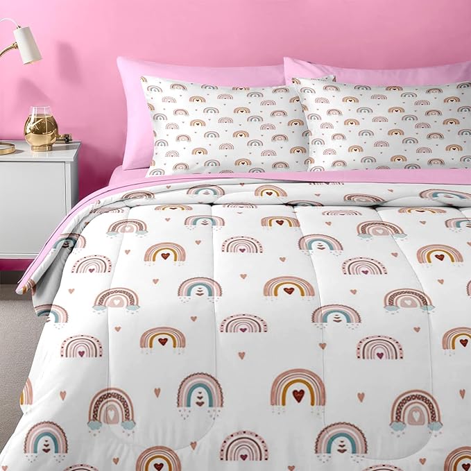 Nesker 7 Pcs Comforter Set Full Size, Trendy Rainbows Bedding for Kids Teen, Pink Boho with Fitted Sheet 2 Pillowcases & 2 Shams for Bedroom Bed Decor