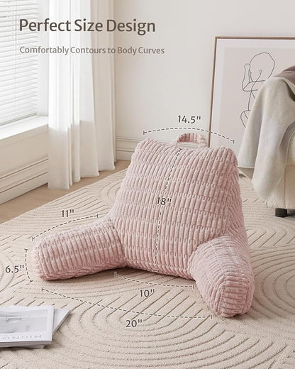 Blissful Diary Reading Pillow, Backrest Pillow with Shredded Memory Foam for Adult & Children, Designed for Bed and Couch Sitting Up, Includes Arms, Pockets and Washable Cover, Pale Pink
