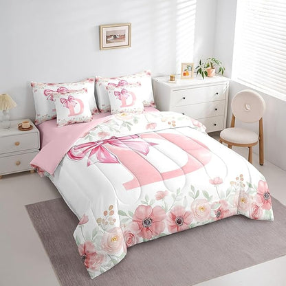 Erosebridal Monogram D Bedding Sets, Pink Bow Tie Bowknot Bed in A Bag Flower Floral Comforter Set with Sheets Twin Size for Girls Young Woman Fresh Style Light Pink White Bed Set Bedroom Decor