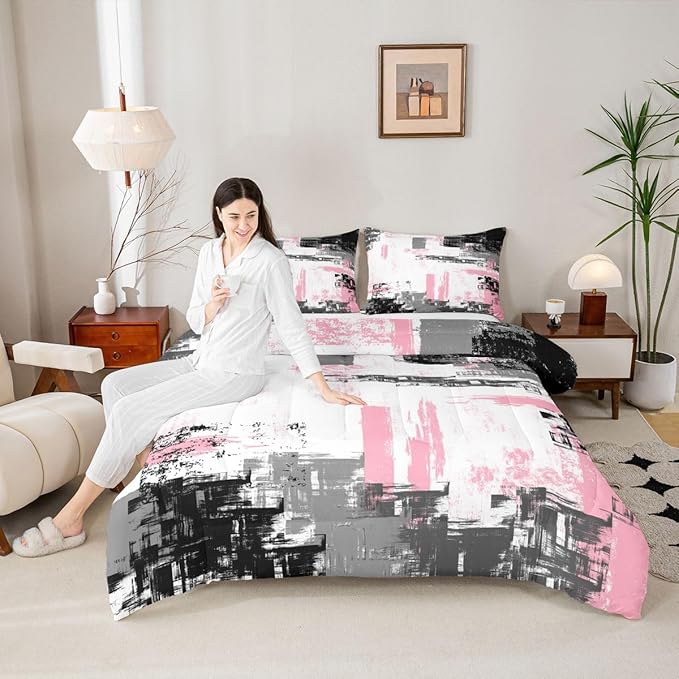 Feelyou Abstract Bedding Set Kids Modern Abstract Art Comforter Set Pink White Black Comforter for Boys Room Decor Lightweight Retro Duvet Set Queen Size with 2 Pillow Case